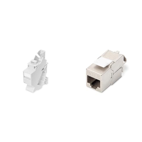 DIGITUS Set: Hutschienen-Adapter – 1 Stück – Mit 1x Cat6A Keystone-Modul – 45° Gewinkelt – Beschriftungsfeld – Staubschutzklappe