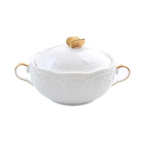 Soupière avec couvercle, soupière en céramique blanche résistante à la chaleur avec doubles poignées bol à soupe en porcelaine ustensiles de cuisine en céramique for à la maison au restaurant(Gold)