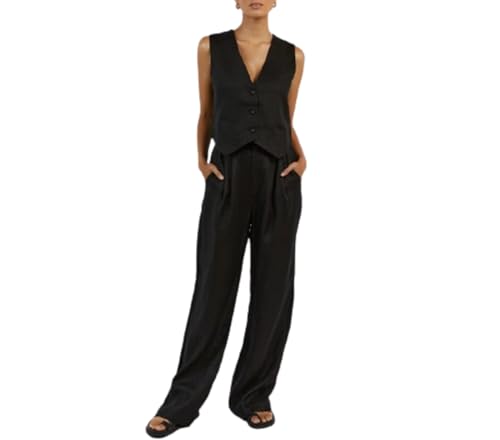 OCUH 2 Pice Linen Set Straight Leg Pants Women Pants Button-up Vest Business Casual Work Outfits for Women