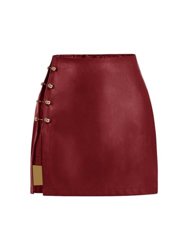 WDIRARA Women's Side Slit Metallic Trim High Waisted Faux Leather Short Skirts Red Medium