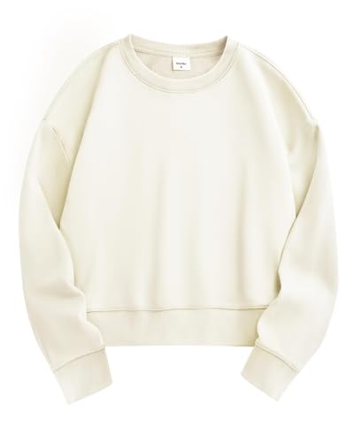 Stelle Cropped Sweatshirts For Women Cotton Long Sleeve Crop Tops Crewneck Pullover Oversized Sweater(Off White,Medium