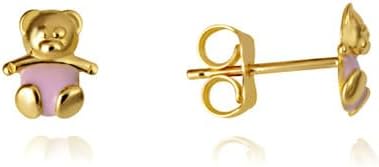 Pink Enamel Teddy Bear Stud Earrings Real Solid 14K Yellow Gold