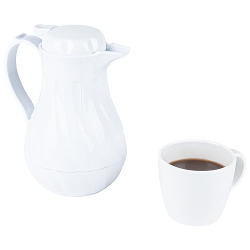 Restaurantware Restpresso 64 Ounce Coffee Carafe 10 Insulated Coffee Server - Push-Button Top Leak-Resistant White Plastic Coffee Pitcher Built-In Handle Leak-Resistant