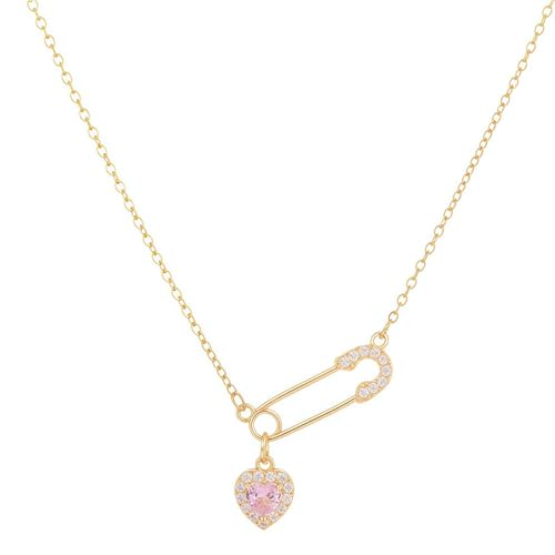 KONPJE Safety Pin Necklace for Women Cubic Zircon Crystal Heart Necklace Black Crystal Paper Clip Chain necklace Adjustable Pink Heart Charm Necklace Y2K Mental Health Jewelry (Pink)