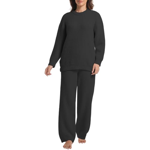 Image of BOSECETA 2 Piece Fleece Pajamas for Women Set Loungewear Outfits Knit Sweater Womens Long Sleeve Fuzzy Pajama Sets
