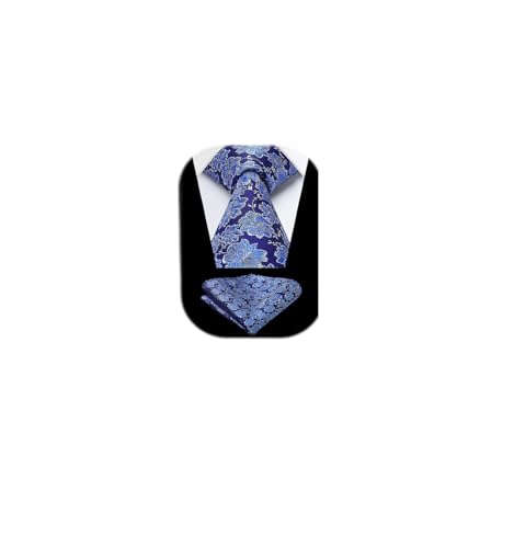 Image of HISDERN Extra Long Ties for Men Classic Floral Tie and Pocket Square Elegant Silk Necktie Handkerchief Set Wedding Party