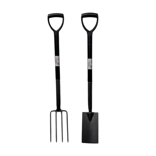 Black 2 Piece Carbon Steel Fork and Spade Border Set for Garden and Lawn Versatile Tools for Gardeners Strong Tough and Durable Metal