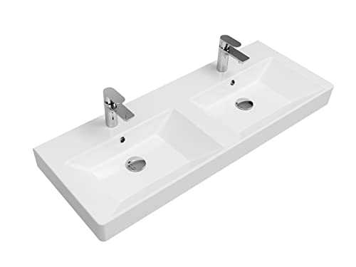 Aqua Bagno Design Waschbecken aus hochwertiger Keramik, Weißes Hängewaschbecken im modernen Stil 120 x 45 cm