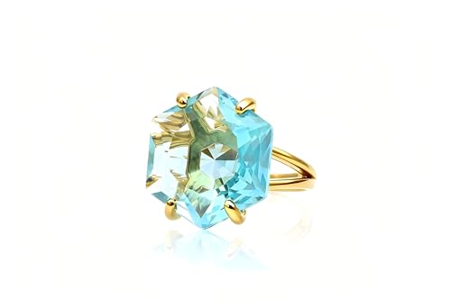 Superbe Bague Topaze Bleue en Or 14k - Grande Bague Cocktail en Pierre Taillée sur Mesure - Bague Hexagone Unique, Bague Fête, Bague Naissance Cadeau pour...