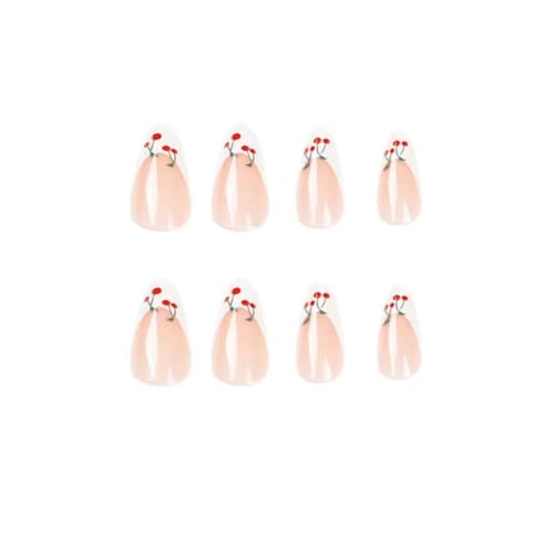 Image of French Tip Press on Nails Medium Almond White Fake Nails with Cherry Design Nude Full Cover Stick on Nails Cute False Nail Reusable Artificial Acrylic Nail for Women Girls Art Decoration 24pcs