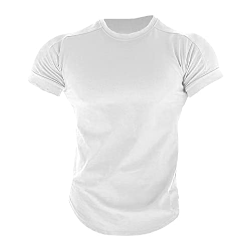 Hombres Gimnasio Entrenamiento Deportivo Camiseta higroscópica Deporte de Manga Corta Velocidad Dry Fit Running T - Camisa, blanco, M