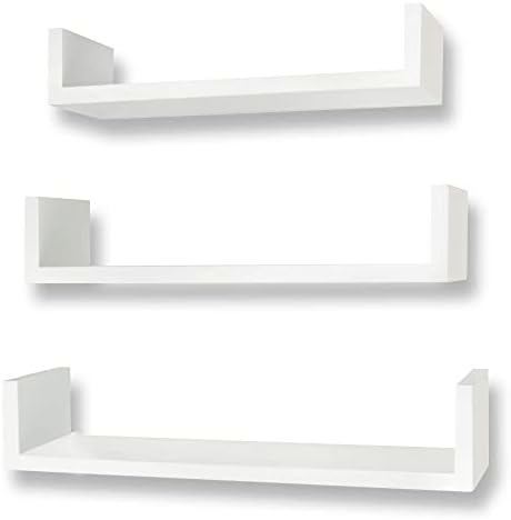 Ezigoo Floating Wall Shelves  Pack of 3  White  Shelves for Walls in Bedroom, Living Room, Home Office or Kitchen  Floating Storage of Books, Movies or CDs  Decorative Modern Wall Shelves