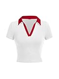 Avanova Women Polo V Neck T Shirts Short Sleeve Crop Tops Ringer Tees White Red Small