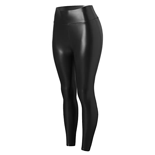 Leggings de piel sintética para mujer, de cintura alta, de piel sintética, látex, color negro, aspecto mojado, sexy, push up, lacado, elásticos, termoleggins, brillantes, para invierno, festivales