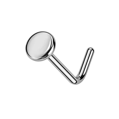 Pierced Owl 20GA F136 Implant Grade Titanium Flat Disc Top L-Bend Nose Stud (Silver Tone)