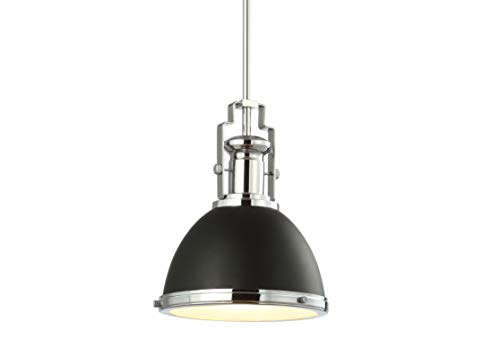Image of JONATHAN Y Homer Industrial Dome Pendant 10 inch, Black /Chrome | 1-Light, Farmhouse Style, Adjustable Hanging Height, Glass Diffuser, Sloped Ceiling Compatible, Metal, LED Bulb Included