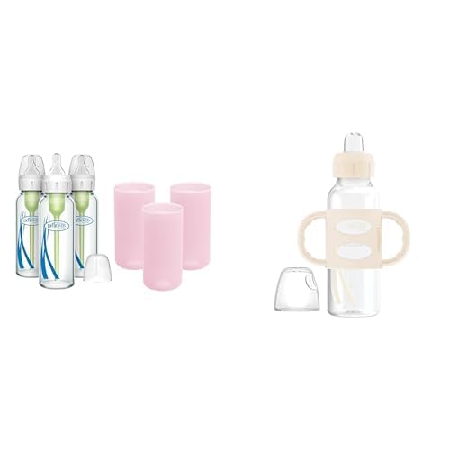 Dr. Brown's Anti-Colic Options+ Narrow Glass Baby Bottles 8oz and Level 1 Slow Flow Nipple, 3-Pack 0m+ and Pink Silicone Sleeves and Milestones Narrow Sippy Spout Bottle +Silicone Handles Pink