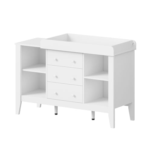 OIKITURE Chest of 3 Drawers with 4 Open Shelves, Removable Baby Changing Tabletop Storage Cabinet, Clothes Organizer with Wooden Handles for Nursery Furniture Bedroom, 118.5x45x82cm, White