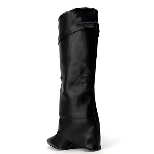 Arqa Fold Over Wedge Boots for Women Faux Crocodile Pattern Knee High Boot with Rivet Buckle Wide Calf Fall Shoes4