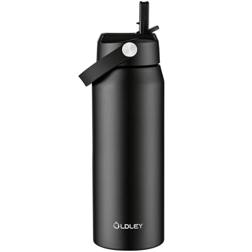 OLDLEY 750ml Insulated Water Bottle with Straw Stainless Steel Water Bottles with Handle Leakproof BPA Free Vacuum Metal Flask Keep Hot and Cold for Sports Travel Hiking (Black)