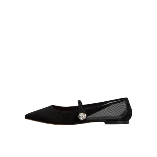 Mesh Ballet Flats for Women with Crystal Rhinestone Closed Pointed Toe Button Strap Slip On Ballerina Shoes Casual Comfortable Dress Sheer Fishnet Mary Jane Shoes Ladies Leather