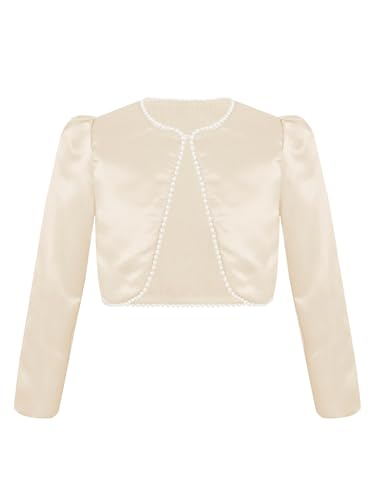 Kids Girls Elegant Pearl Satin Shrug Jacket Long Sleeve Cropped Bolero Open Cardigan Cover Up