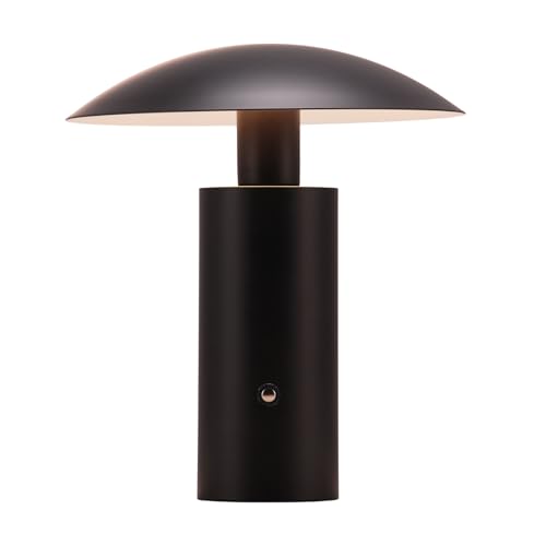 Happy Homewares Designer Flat Cone Mushroom Rechargeable and Portable LED Table Lamp in Matte Black | 3-Step Touch Dimmer | 3600mAh Power | 3w 3000k Warm White