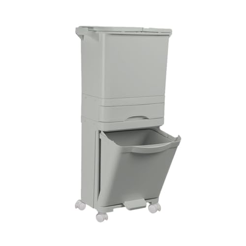 Livhome Recycling Pedal Bin with 4 Recycle Compartments, 42L Double Kitchen Bin, Dry and Wet Waste Separation, Vertical Compost Bin with Wheels, Slim Pedal Bin for Kitchen and Bathroom (Grey)