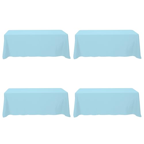 Image of BRILLMAX 4 Pack Light Blue Tablecloths 90x156 Inch for 8ft Rectangle Tables | 150 GSM Polyester Fabric, Floor Length Drop, Water, Stain & Wrinkle Resistant Cloth Cover for Wedding Reception Banquet Party