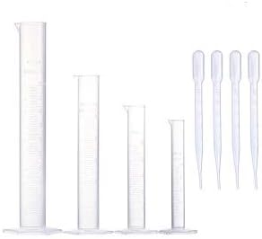 Yizerel Measuring Cylinder Set, 4 Sizes Graduated Polypropylene Lab Test Tubes in 100 ml, 50 ml, 25 ml, 10 ml for Laboratory, Science Experiments with 4 Plastic Droppers in 3 ml