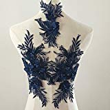 Beaded Flower Sequence lace Applique Motif Sewing Bridal Wedding 3in1 A5 3D (Navy)