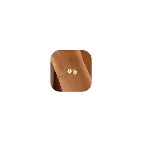 Image of KAERUN Initial Birthstone Gold Bracelets for Women Dainty Flowers Bracelets