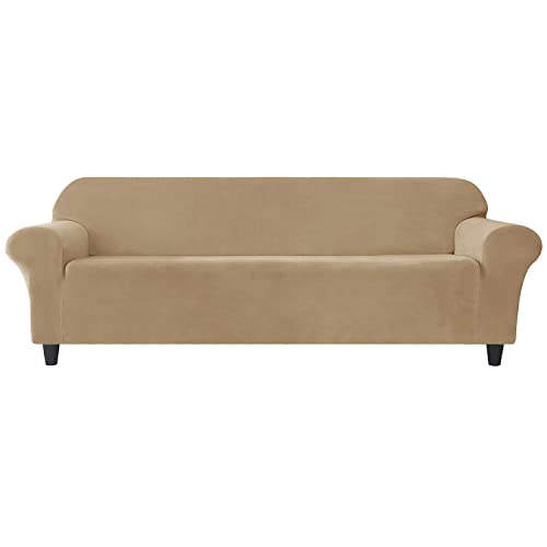 Housse de canapé velours extensible sable 4 places protection salon