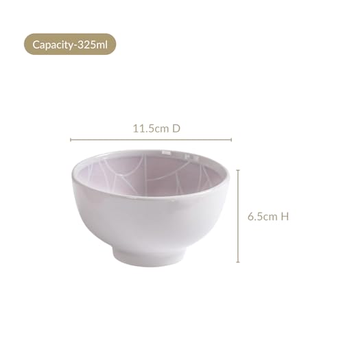 Nestasia Ceramic Bowls for Snacks - Dishwasher & Microwave Safe Bowl Set of 4 (325 ml), Geometric Art Deco Designed Serving Bowl Set for Soups, Treates, Desserts, Sweets, Dal & Sabji (Mauve)