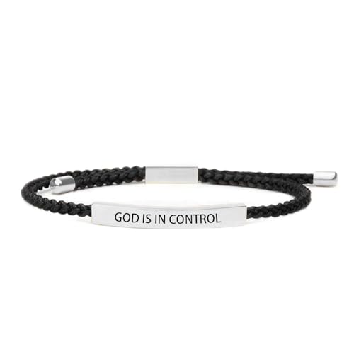 ChungLong0593 God is in Control Inspirational Bracelet Stainless steel lettering bracelet Adjustable braided bracelet - Silver Black