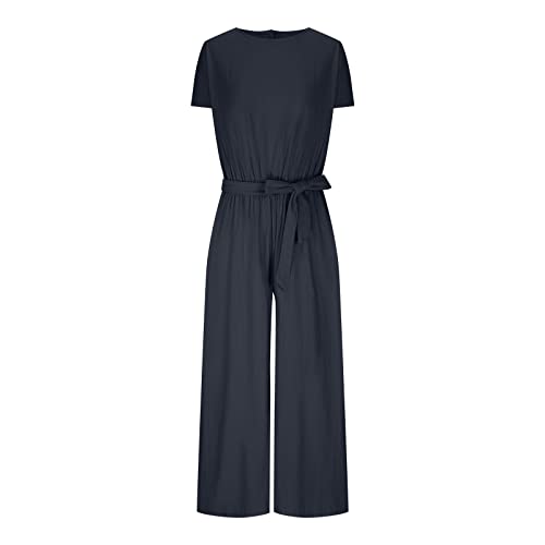 Women Cotton Linen Jumpsuit, Ladies Solid Color Dungarees Elastic High Waist Romper Straight Leg Bib Overalls Short Sleeve Playsuit with Belt Bodysuit, Summer Breathable Jumpsuits Plus Size - Image 2