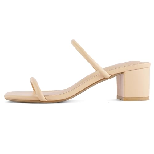Image of Shoe'N Tale Strappy Heels for Women Square Open Toe Two Strap Low Block Heel Slip on Dressy Sandals Shoes