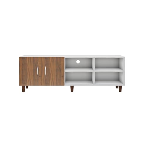 Image of VIKI Modern TV Unit for Living Room | Engineered Wood TV Cabinet with 2 Door Storage & 2 Open Shelves, Entertainment Unit, 140W x 48H x 40D cm | DIY | 1 Year Warranty (White & Walnut)