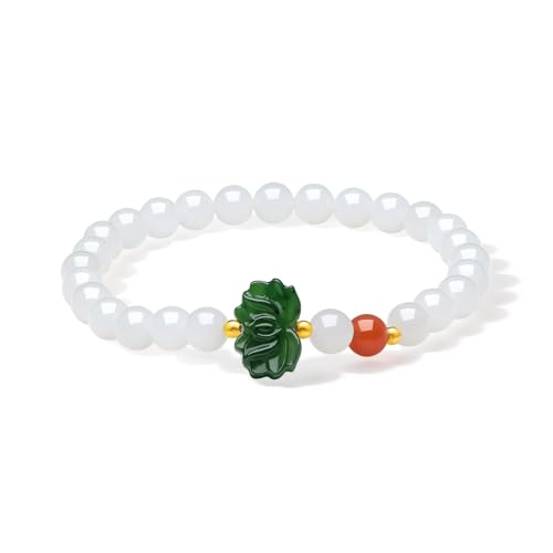 ZHOU LIU FU White Jade Beaded Bracelet 18K Real Gold Beads Stretch Bracelets Green Jade Lotus Flower Agate Bead Natural Gemstone Healing Bracelets Jewelry for Women Mom Daughter 6.7'/17CM Y1913847