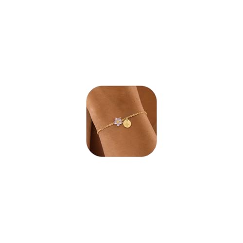 Image of KAERUN Initial Birthstone Gold Bracelets for Women Dainty Flowers Bracelets