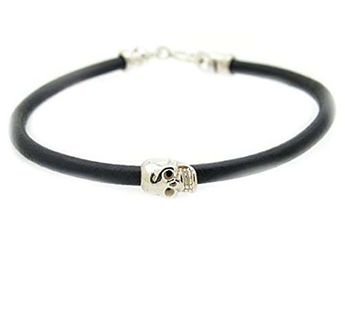 Mens Skull Bracelet - Sterling Silver Skull bracelet for Men - Gift for Him - Round Leather Bracelet for men