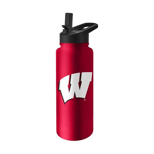 Image of Logo Brands NCAA Wisconsin Badgers 34 oz Stainless Steel Quencher Bottle - Team Color, Straw Included, No-Spill Lid, Easy Carry Handle - Keeps Drinks Cold For Hours
