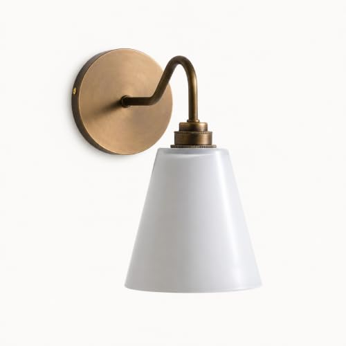 Image of Hardwired Vintage Antique Brass Wall Sconce with Milk Glass Cone Shade, Antique Bronze Finish Sconce for Kitchen Sink, Bathroom, Bedroom (Bulb Included)