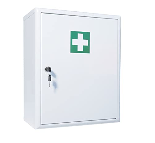 HierBeiDir Erste Hilfe Verbandschrank mit DIN 13169:2021, Medizinschrank mit 3 Fächern (2 verstellbar) + 2 Türfächer, Sicherheitsschloss – aus Metall, 48,5 x 40 x 20 cm – robust & Platz für mehr