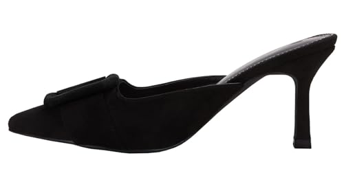 VETASTE Women's Heeled Mules Pointed Toe Suede Buckle Slip On Sandals Kitten Heels Party Wedding Shoes Black