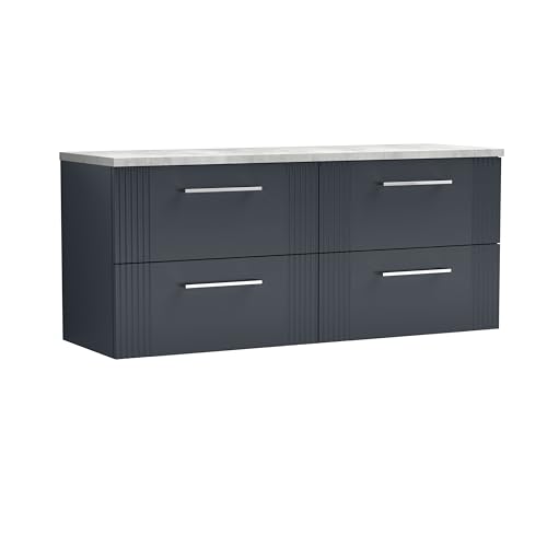 Image of Balterley Vanity Unit with Worktop, 4-Drawer Soft Close with Bar Handle Wall Hung Bathroom Vanity Units, Partial Fluted Cabinet & Laminated Worktop - 1215 x 455 x 545mm (Dark Grey/Bellato Grey)