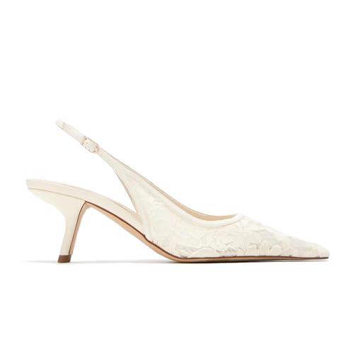 Women's Slingback Kitten Low Heels Mesh Pumps Closed Pointed Toe Dress Lace Shoes