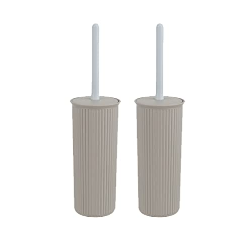 Image of Superio Ribbed Collection Toilet Bowl Brush and Holder Set, Decorative Plastic Bathroom Toilet Brush with Holder, Toilet Cleaner Scrubber, Taupe - 2 Pack