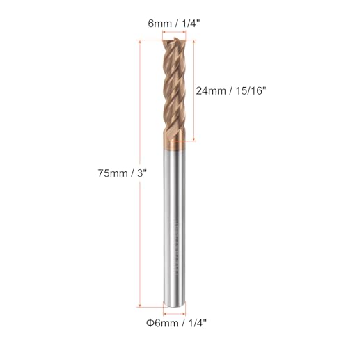 Image of HARFINGTON Micro Grain Carbide Square End Mill 1 /4 inch x 15 /16 inch (6mm x 24mm) Cut 1 /4 inch (6mm) Shank 3 inch (75mm) Length AlTiN Coated 4 Flutes Square Nose Cutter for Alloy Steel Hardened Steel