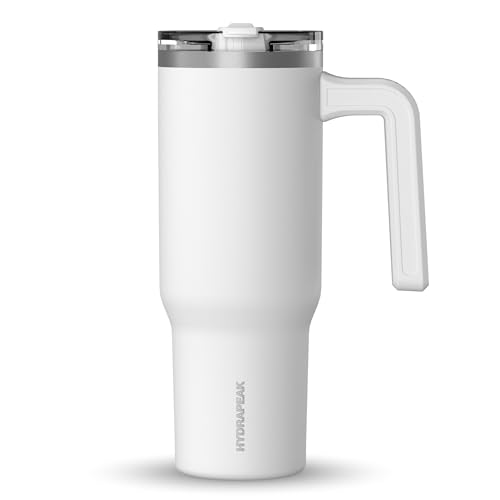 Image of Hydrapeak Voyager 32 oz Tumbler with Handle and Straw Lid | Reusable Stainless Steel Water Bottle Travel Mug Cupholder Friendly | Insulated Cup (White)